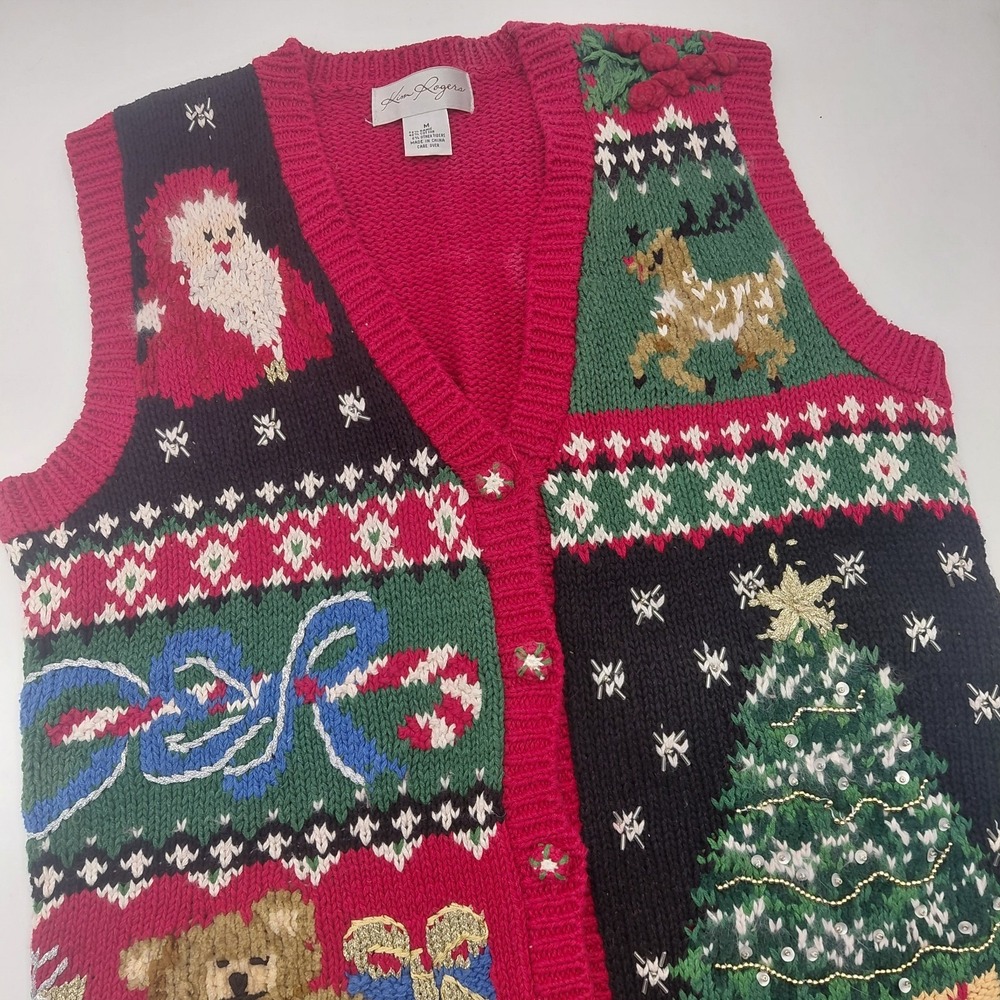 Vtg 90s Kim Roger Sweater Vest Red Holiday Christmas Tree Ugly Deer Grannycore